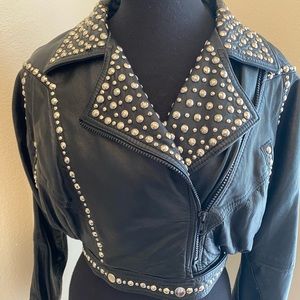 Cache Leather Bomber Studded Jacket